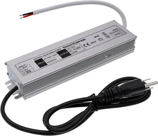 Main image of 12V LED Power Supply 200W Low Voltage Transformer Adapter,AC90-130V to DC12V 16.66A 200 Watts LED Driver Waterproof IP67 for Indoor and Outdoor LED Lights Use