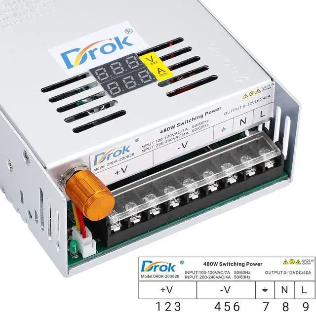 Alt view image 2 of 7 - 12V Power Supply, AC 110V 220V to DC 0-12V 40A 480W Buck Converter Dual Display, Variable Adjustable Adapter Regulated 5V 6V 9V 12V Switching Voltage Transformer 10A 20A 30A 40Amp Charger for Lab