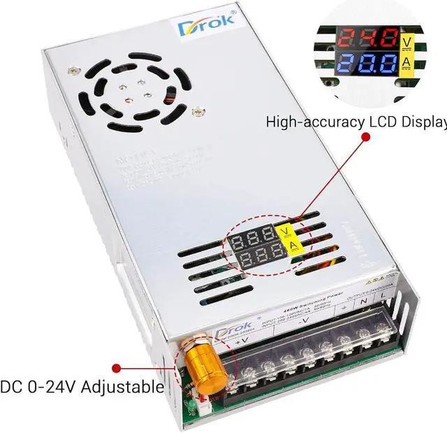Alt view image 2 of 4 - 24V Power Supply, AC 110V/220V to DC 0-24V 20A 480W Buck Converter Dual Display, Variable Adjustable Adapter Regulated 5V 12V 24V Volt Switching Voltage Transformer 20A Amp Charger for Lab