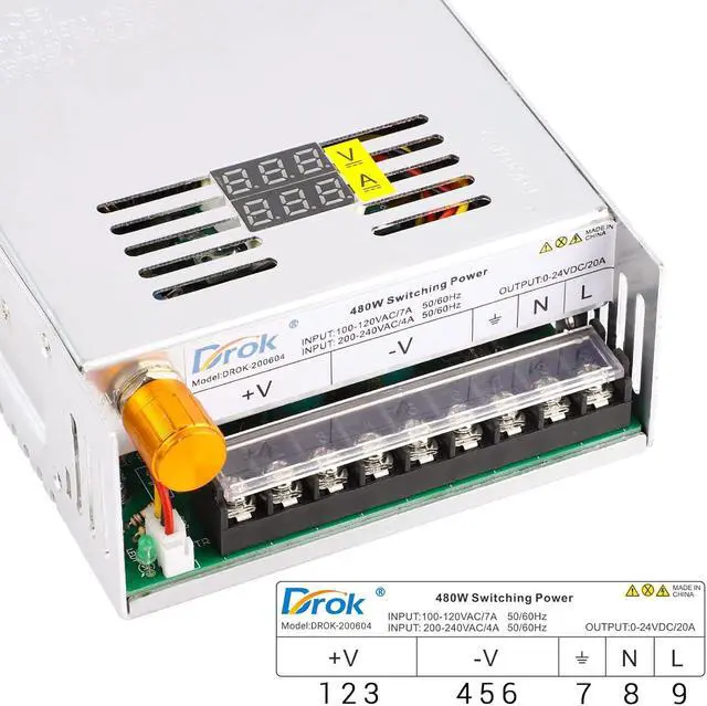 Alt view image 3 of 4 - 24V Power Supply, AC 110V/220V to DC 0-24V 20A 480W Buck Converter Dual Display, Variable Adjustable Adapter Regulated 5V 12V 24V Volt Switching Voltage Transformer 20A Amp Charger for Lab