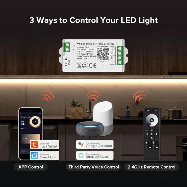 Alt view image 2 of 7 - C01W Monochrome PWM (+V -V) 2PIN LED Strip Dim Brightness 2.4GHz WiFi Group Controller Alexa Google Home Smartphone APP Control Compatible with WR02RF LM007 LM087 RC01RFB Dim Remote