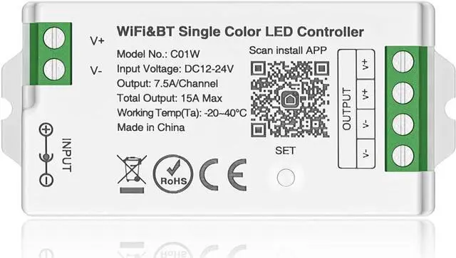 Main image of C01W Monochrome PWM (+V -V) 2PIN LED Strip Dim Brightness 2.4GHz WiFi Group Controller Alexa Google Home Smartphone APP Control Compatible with WR02RF LM007 LM087 RC01RFB Dim Remote