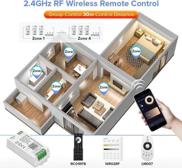 Alt view image 3 of 7 - C01W Monochrome PWM (+V -V) 2PIN LED Strip Dim Brightness 2.4GHz WiFi Group Controller Alexa Google Home Smartphone APP Control Compatible with WR02RF LM007 LM087 RC01RFB Dim Remote