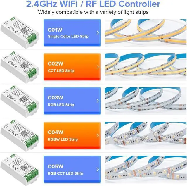 Alt view image 7 of 7 - C01W Monochrome PWM (+V -V) 2PIN LED Strip Dim Brightness 2.4GHz WiFi Group Controller Alexa Google Home Smartphone APP Control Compatible with WR02RF LM007 LM087 RC01RFB Dim Remote