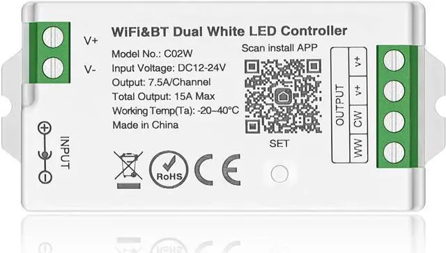 Main image of C02W CCT PWM (+ CW WW) 3PIN LED Strip Color Temperature LED Strip Dual White 2700K-6500K 2.4GHz WiFi Group Controller Alexa Google Home Compatible with WR02RF LM007 RC02RFB CCT Remote