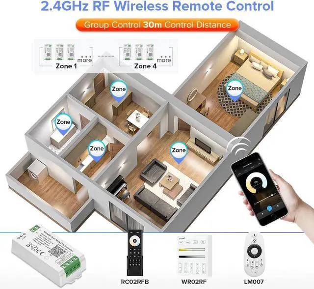 Alt view image 3 of 7 - C02W CCT PWM (+ CW WW) 3PIN LED Strip Color Temperature LED Strip Dual White 2700K-6500K 2.4GHz WiFi Group Controller Alexa Google Home Compatible with WR02RF LM007 RC02RFB CCT Remote