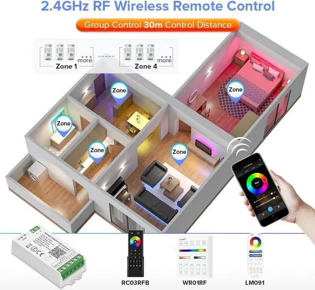Alt view image 3 of 7 - C05W RGBCCT PWM SMD FCOB (+ R G B C W) 6PIN LED Strip 2.4GHz WiFi Group Controller Alexa Google Home Control Match with WR01RF LM091 RC03RFB RC04RF RC05RF RGBCCT Remote