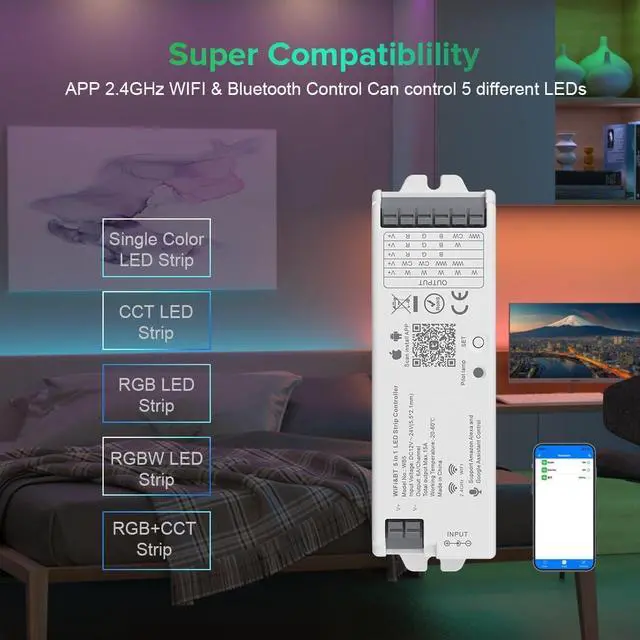 Alt view image 2 of 6 - 5in1 WB5 2.4GHz WiFi PWM LED Controller Compatible with Alexa Google Home Smart Life Tuya Smart APP Control For Dimming CCT RGB RGBW RGBCCT LED Strip Work with WR01RF WR02RF etc RF Remote