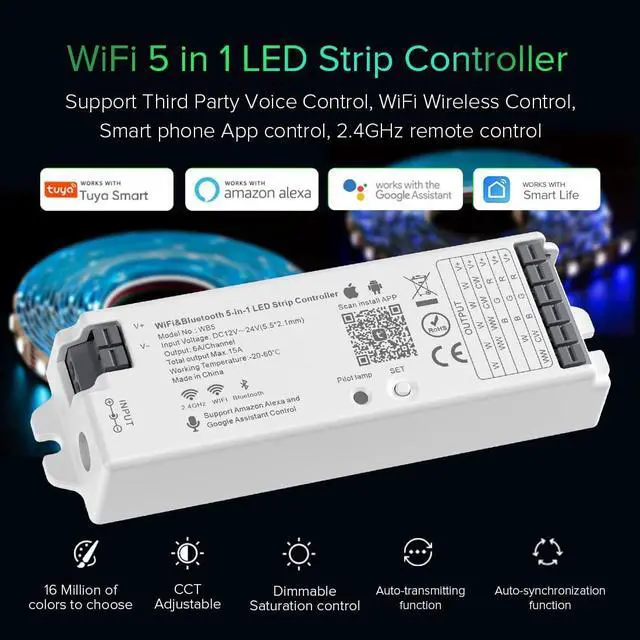 Alt view image 3 of 6 - 5in1 WB5 2.4GHz WiFi PWM LED Controller Compatible with Alexa Google Home Smart Life Tuya Smart APP Control For Dimming CCT RGB RGBW RGBCCT LED Strip Work with WR01RF WR02RF etc RF Remote