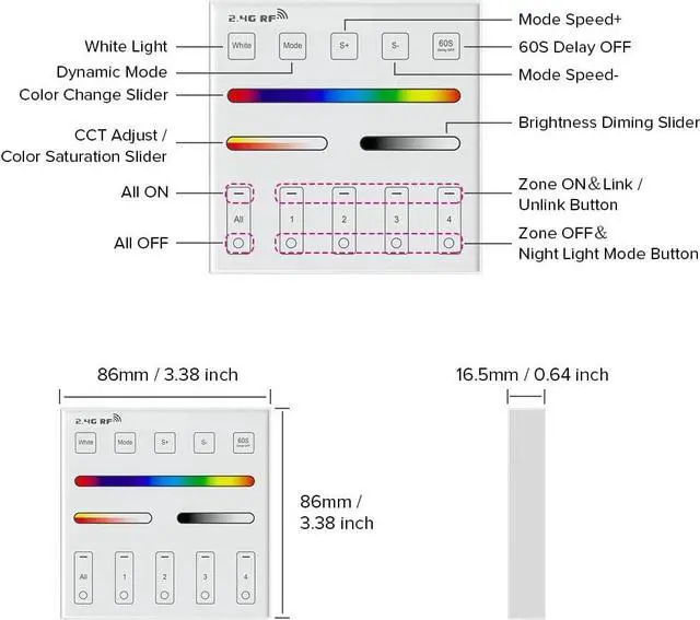 Alt view image 5 of 6 - WR01RF Wireless 2.4G RF 4 Zones RGB RGBW RGBCCT Wall Mounted Smart Panel Remote Powered by 2XAAA Batteries 3V Work with WB5 LM051 LM052 LM053 C03RF C04RF C05RF C03W C04W C05W Controller