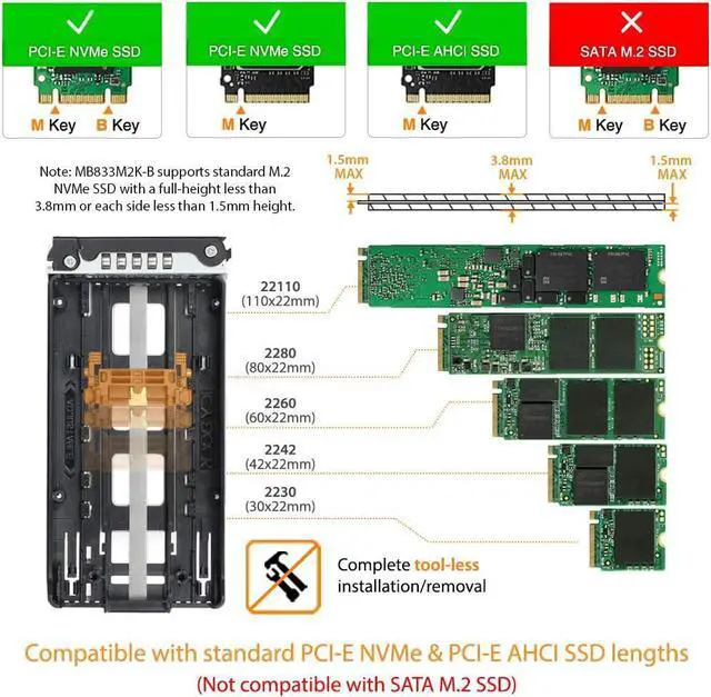 Alt view image 3 of 7 - ICY DOCK M.2 PCIe 3.0/4.0 NVMe SSD Removable Mobile Rack Enclosure for External 3.5 Drive Bay | ToughArmor MB833M2K-B