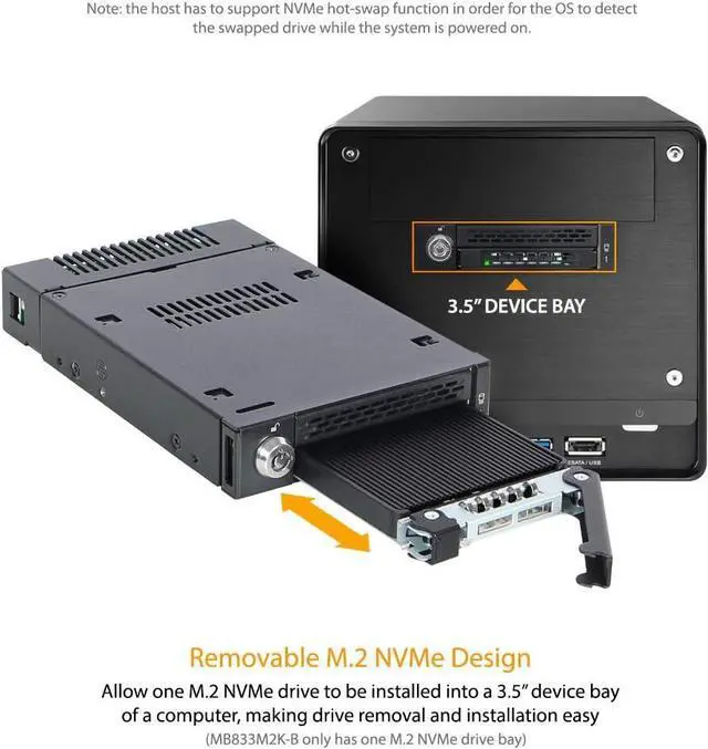 Alt view image 2 of 7 - ICY DOCK M.2 PCIe 3.0/4.0 NVMe SSD Removable Mobile Rack Enclosure for External 3.5 Drive Bay | ToughArmor MB833M2K-B