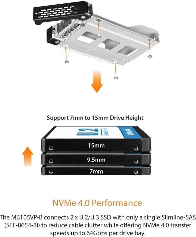 Alt view image 3 of 7 - ICY DOCK 2 Bay U.2/U.3 NVMe SSD PCIe 4.0 Enclosure for 5.25 Bay | ToughArmor MB105VP-B