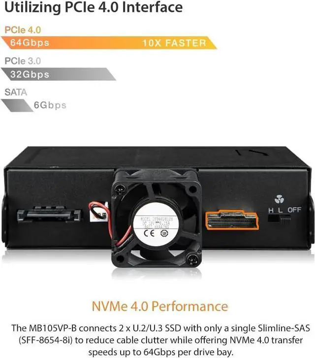 Alt view image 2 of 7 - ICY DOCK 2 Bay U.2/U.3 NVMe SSD PCIe 4.0 Enclosure for 5.25 Bay | ToughArmor MB105VP-B