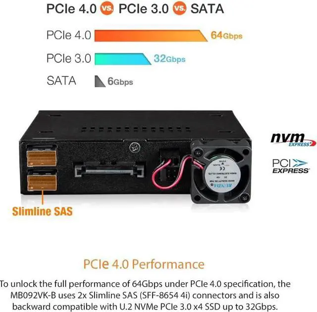 Alt view image 3 of 7 - ICY DOCK Rugged 2 Bay 2.5 U.2/U.3 NVMe SSD PCIe 4.0 Mobile Rack for External 3.5 Drive Bay | ToughArmor MB092VK-B