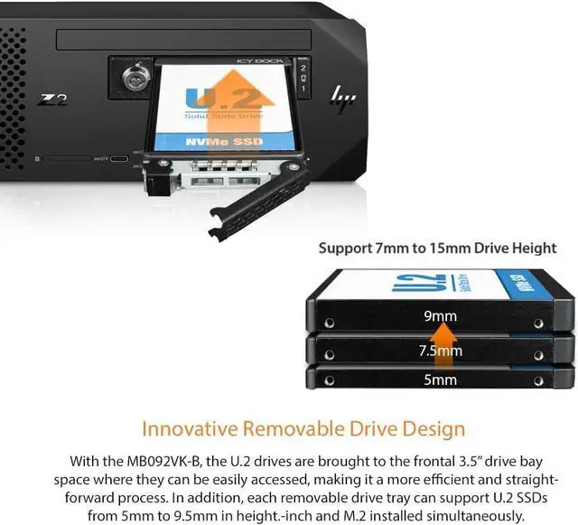 Alt view image 2 of 7 - ICY DOCK Rugged 2 Bay 2.5 U.2/U.3 NVMe SSD PCIe 4.0 Mobile Rack for External 3.5 Drive Bay | ToughArmor MB092VK-B