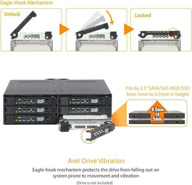 Alt view image 2 of 7 - ICY DOCK 6 Bay 2.5 SAS/SATA HDD/SSD Mobile Rack Full Metal Enclosure for 5.25" Bay | ToughArmor MB608SP-B