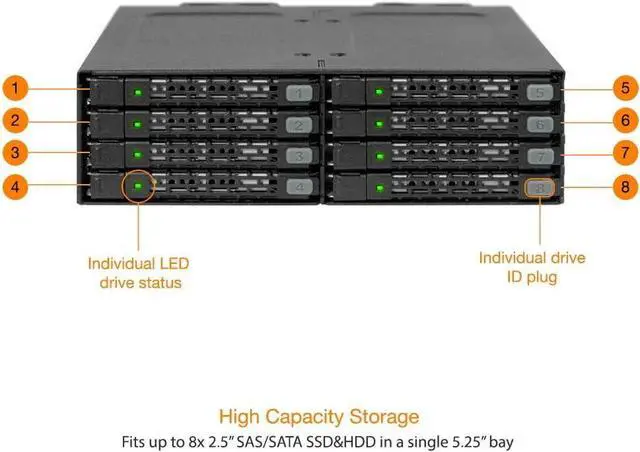 Alt view image 2 of 7 - ICY DOCK 8 x 2.5 SAS/SATA HDD/SSD Moblie Rack Enclosure for 5.25" Bay (2 x Mini-SAS HD) | ToughArmor MB998IP-B