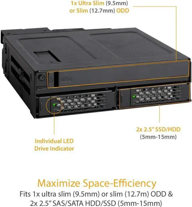 Alt view image 4 of 7 - ICY DOCK 2 Bay 2.5 SAS/SATA SSD/HDD & (Ultra) Slim Optical Disk Drive CD DVD ROM Backplane Enclosure for 5.25" Bay | ToughArmor MB602SPO-B