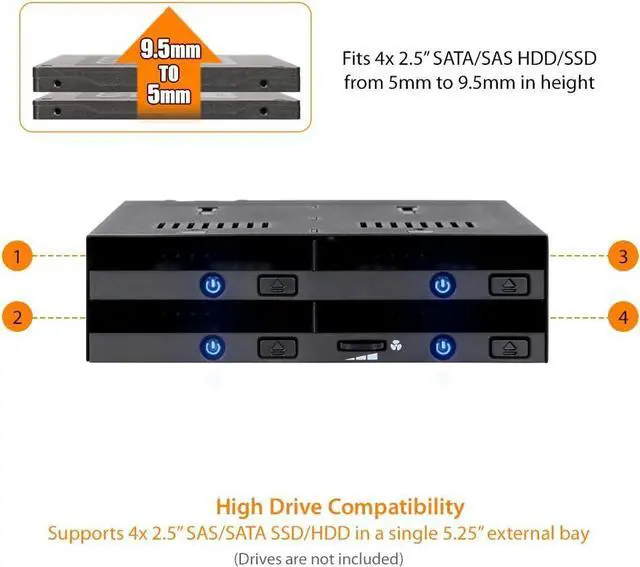 Alt view image 3 of 6 - ICY DOCK 4 Bay 2.5 SATA/SAS SSD/HDD Hot-Swap Tool-Less Docking Enclosure for 5.25" Bay | flexiDOCK MB014SP-B