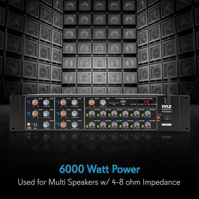 Alt view image 3 of 7 - Pyle 8-Channel Wireless Bluetooth Power Amplifier - 4000W Rack Mount Multi Zone Sound Mixer Audio Home Stereo Receiver Box System w/ RCA, USB, AUX - For Speaker, PA, Theater, Studio/Stage