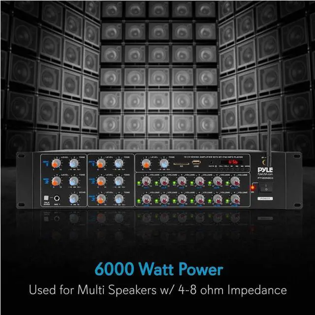 Alt view image 3 of 7 - Pyle 12-Channel Wireless Bluetooth Power Amplifier - 6000W Rack Mount Multi Zone Sound Mixer Audio Home Stereo Receiver Box System w/ RCA, USB, AUX - For Speaker, PA, Theater, Studio/Stage