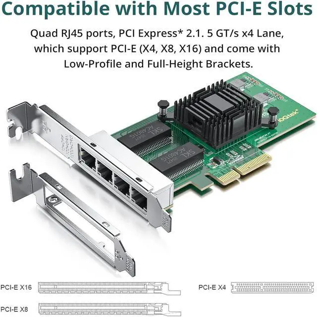 Alt view image 3 of 6 - 4 Port Gigabit NIC for Intel I350-T4 with Low Profile, Gigabit Ethernet Network Adapter Card with Intel I350-AM4 Controller, Support Windows/XP/Linux/VMware ESX/ESXi*, Quad RJ45 Ports, PCI-E 2.1 X4