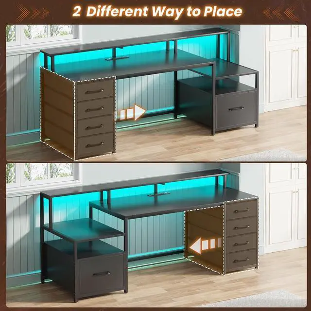 Alt view image 5 of 7 - 66'' Computer Desk with 5 Drawer, Power Outlet & Led Lights, 66'' Home Office Desk with File Drawer, Storage, Monitor Shelf, Gaming Desk, Black