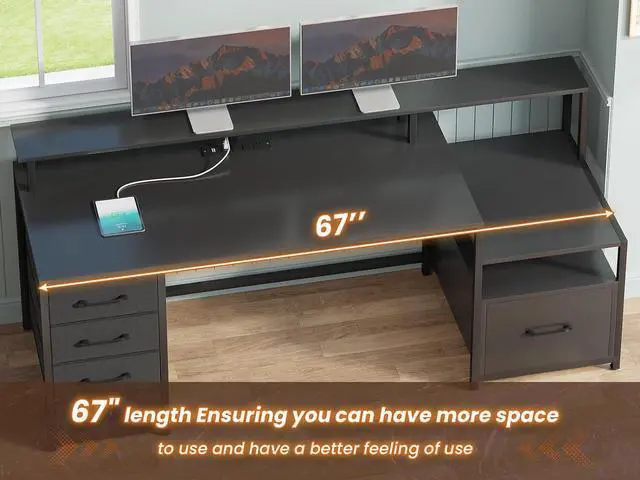 Alt view image 7 of 7 - 66'' Computer Desk with 5 Drawer, Power Outlet & Led Lights, 66'' Home Office Desk with File Drawer, Storage, Monitor Shelf, Gaming Desk, Black