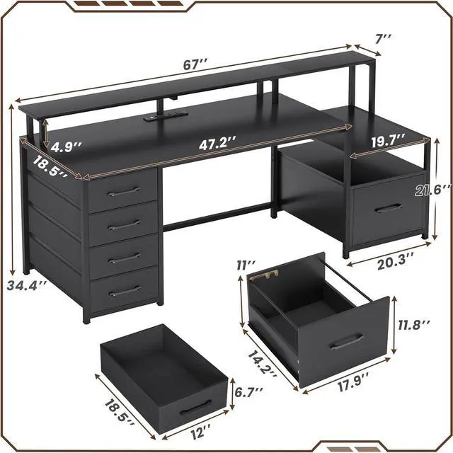 Alt view image 2 of 7 - 66'' Computer Desk with 5 Drawer, Power Outlet & Led Lights, 66'' Home Office Desk with File Drawer, Storage, Monitor Shelf, Gaming Desk, Black
