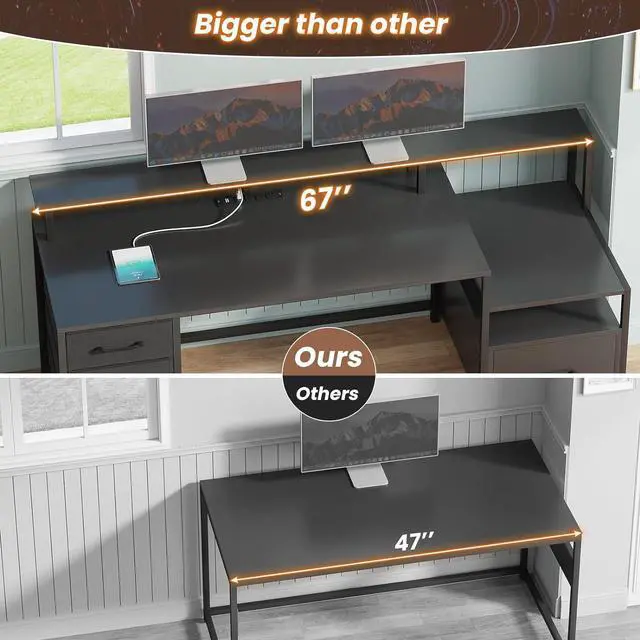 Alt view image 4 of 7 - 66'' Computer Desk with 5 Drawer, Power Outlet & Led Lights, 66'' Home Office Desk with File Drawer, Storage, Monitor Shelf, Gaming Desk, Black