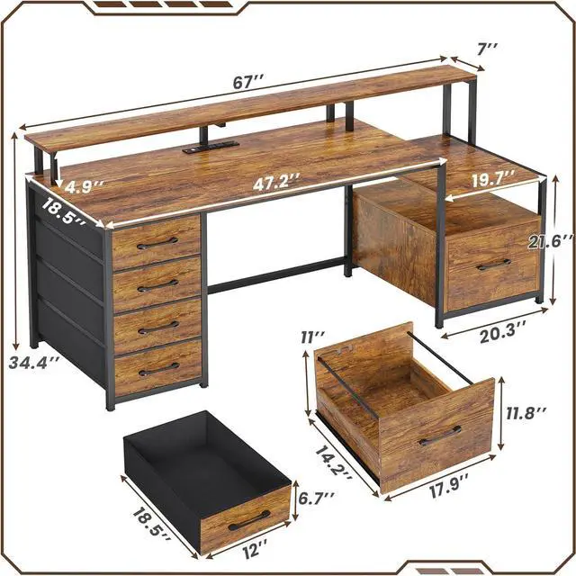 Alt view image 2 of 7 - 66'' Computer Desk with 5 Drawer, Power Outlet & Led Lights, 66'' Home Office Desk with File Drawer, Storage, Monitor Shelf, Gaming Desk, Rustic Brown
