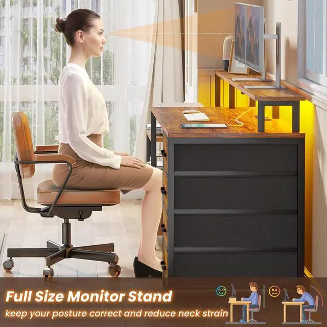 Alt view image 7 of 7 - 66'' Computer Desk with 5 Drawer, Power Outlet & Led Lights, 66'' Home Office Desk with File Drawer, Storage, Monitor Shelf, Gaming Desk, Rustic Brown