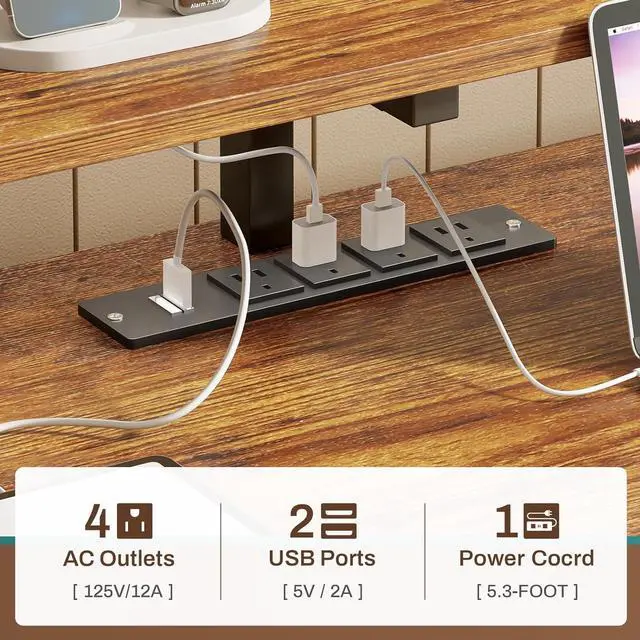 Alt view image 6 of 7 - 66'' Computer Desk with 5 Drawer, Power Outlet & Led Lights, 66'' Home Office Desk with File Drawer, Storage, Monitor Shelf, Gaming Desk, Rustic Brown