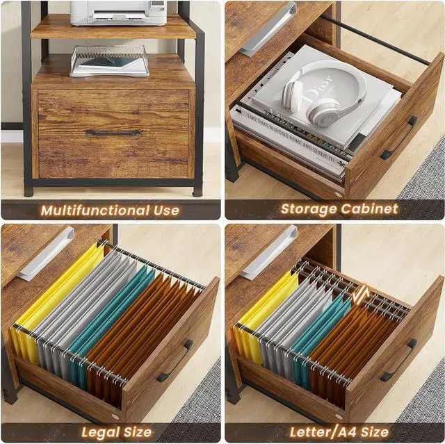 Alt view image 5 of 7 - 66'' Computer Desk with 5 Drawer, Power Outlet & Led Lights, 66'' Home Office Desk with File Drawer, Storage, Monitor Shelf, Gaming Desk, Rustic Brown