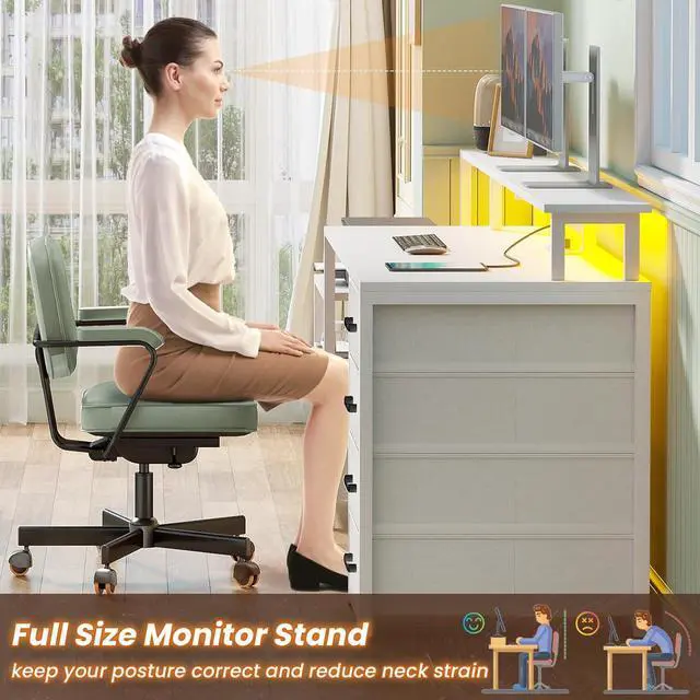 Alt view image 5 of 7 - 66'' Computer Desk with 5 Drawer, Power Outlet & Led Lights, 66'' Home Office Desk with File Drawer, Storage, Monitor Shelf, Gaming Desk, White