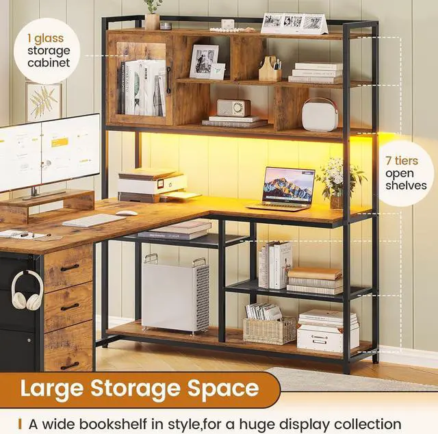 Alt view image 5 of 7 - 58'' L Shaped Computer Desk, 58in Office Desk with 3 Drawers and Bookshelf, L Shaped Corner Desk with Storage Shelves and LED Light for Home Office, Gaming Desk, L Desk, Rustic Brown