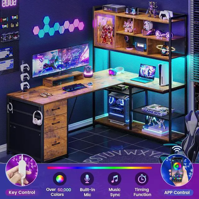 Alt view image 6 of 7 - 58'' L Shaped Computer Desk, 58in Office Desk with 3 Drawers and Bookshelf, L Shaped Corner Desk with Storage Shelves and LED Light for Home Office, Gaming Desk, L Desk, Rustic Brown