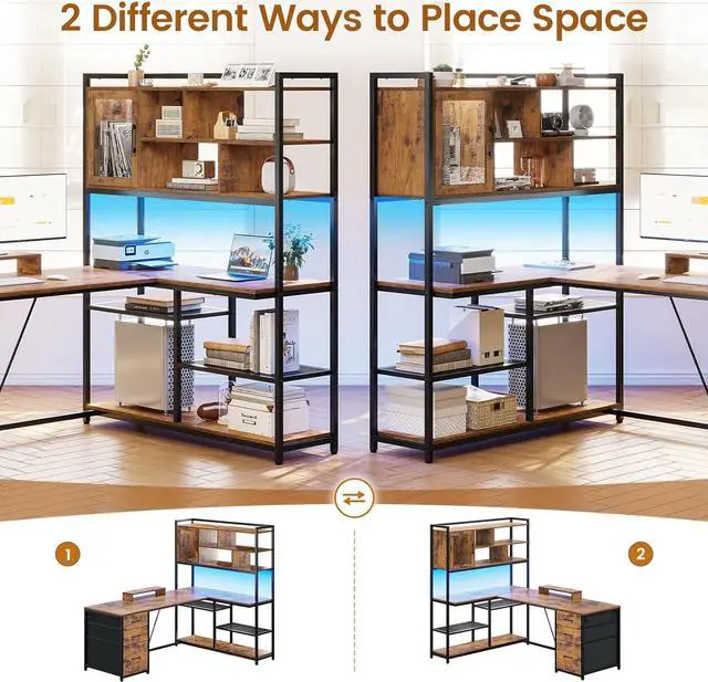Alt view image 3 of 7 - 58'' L Shaped Computer Desk, 58in Office Desk with 3 Drawers and Bookshelf, L Shaped Corner Desk with Storage Shelves and LED Light for Home Office, Gaming Desk, L Desk, Rustic Brown