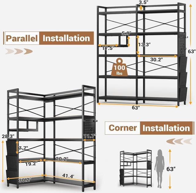 Alt view image 2 of 6 - Corner Bookshelf, Convertible 5-Tier Bookshelves with Storage or 63" W Bookcase, Tall Bookshelf with Pegboard, Storage Bag & LED Light for Bedroom, Black