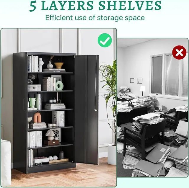 Alt view image 4 of 7 - Metal Storage Cabinets with Lock Doors,Tall Locker Organizer Steel Garage Cabinets, 5 Adjustable Layers Shelves for Home, Office, Warehouse,Tool,Industrial(Black)