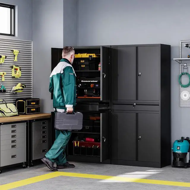 Alt view image 3 of 6 - Metal Garage Storage Cabinet with Drawer,4 Door Tool Cabinet with Lock-2 Adjustable Shelves for Garage Home Office Utility Room (Black)