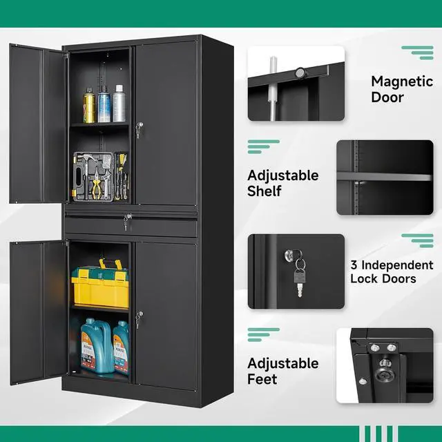 Alt view image 5 of 6 - Metal Garage Storage Cabinet with Drawer,4 Door Tool Cabinet with Lock-2 Adjustable Shelves for Garage Home Office Utility Room (Black)