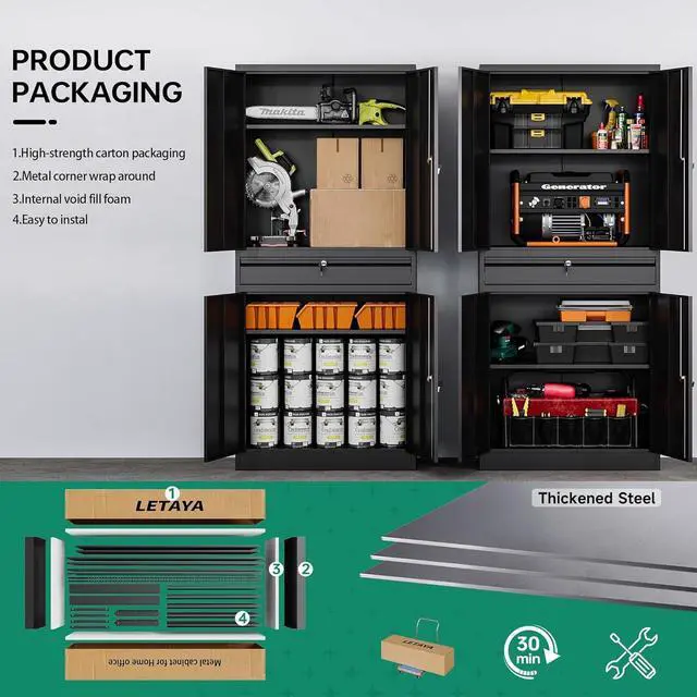 Alt view image 4 of 6 - Metal Garage Storage Cabinet with Drawer,4 Door Tool Cabinet with Lock-2 Adjustable Shelves for Garage Home Office Utility Room (Black)