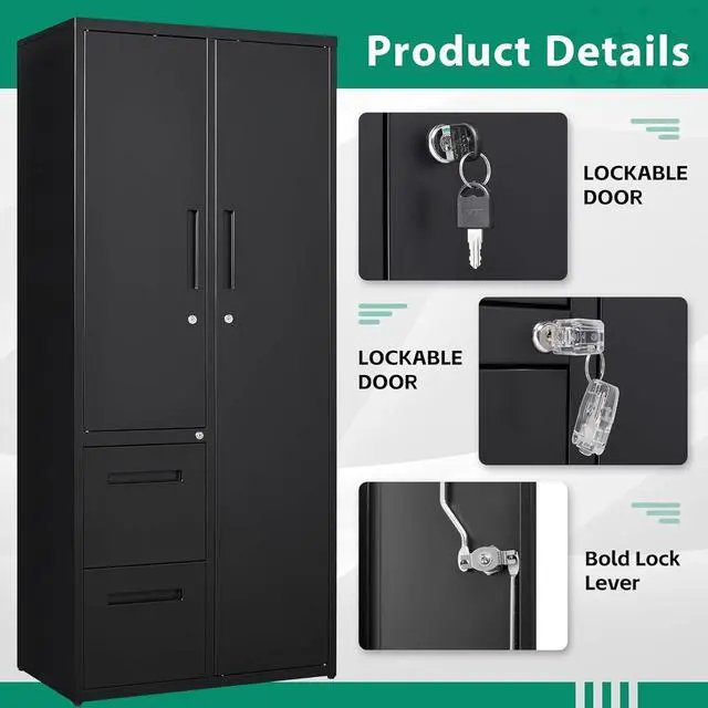Alt view image 5 of 6 - Metal Storage Cabinets with Drawers, Staff Locker with Lock Door and Shelves-Wardrobe Clothing/File/Tool Storage for Office, Home, School, Employee,Gym,Fire Department,Garage (Black)