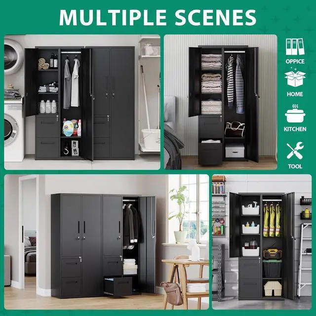 Alt view image 3 of 6 - Metal Storage Cabinets with Drawers, Staff Locker with Lock Door and Shelves-Wardrobe Clothing/File/Tool Storage for Office, Home, School, Employee,Gym,Fire Department,Garage (Black)