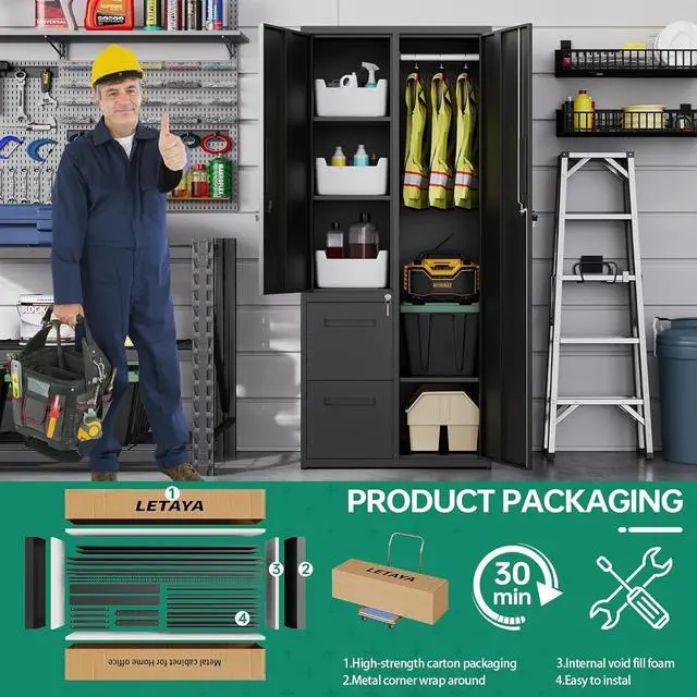Alt view image 6 of 6 - Metal Storage Cabinets with Drawers, Staff Locker with Lock Door and Shelves-Wardrobe Clothing/File/Tool Storage for Office, Home, School, Employee,Gym,Fire Department,Garage (Black)