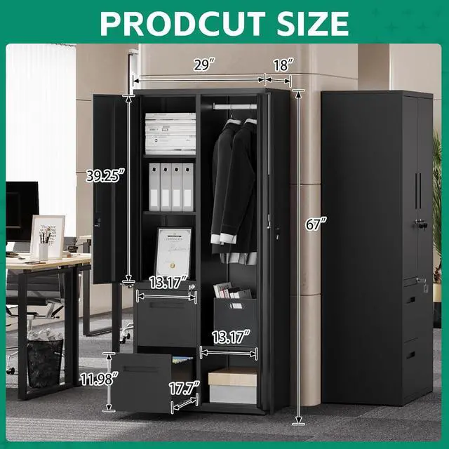 Alt view image 2 of 6 - Metal Storage Cabinets with Drawers, Staff Locker with Lock Door and Shelves-Wardrobe Clothing/File/Tool Storage for Office, Home, School, Employee,Gym,Fire Department,Garage (Black)