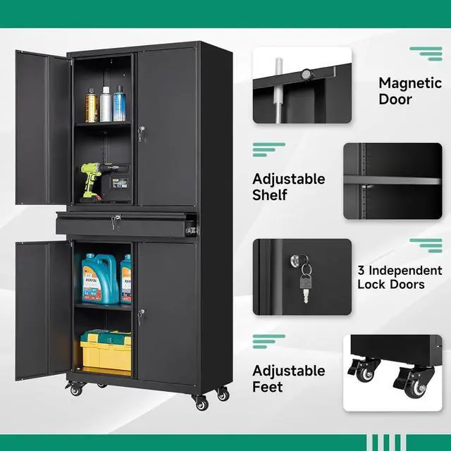 Alt view image 5 of 6 - Metal Garage Storage Cabinet with Wheels,72 Rolling Tool Cabinet with 4 Door Lock-Adjustable Shelves and Drawer for Garage Home Office Utility Room