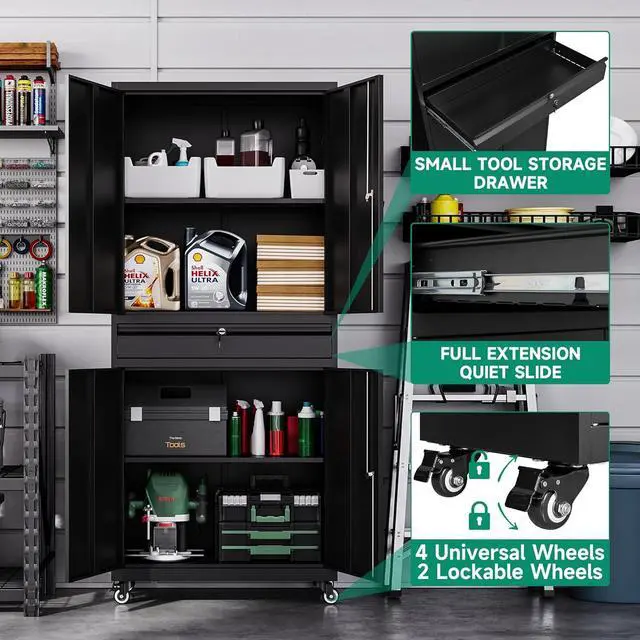 Alt view image 6 of 6 - Metal Garage Storage Cabinet with Wheels,72 Rolling Tool Cabinet with 4 Door Lock-Adjustable Shelves and Drawer for Garage Home Office Utility Room